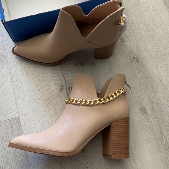 Cut Out Ankle Boots Gold Chain Chunky‎ Heel Zipper Almond Toe Western Boots - Picture 9 of 16
